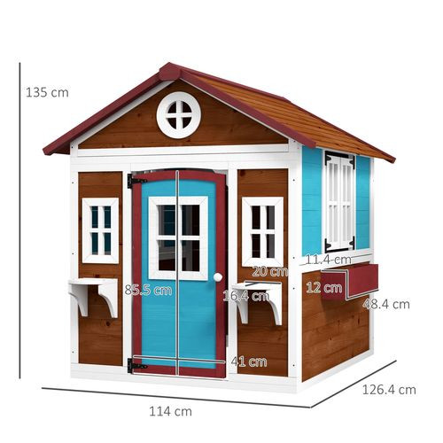 Outsunny Wooden Playhouse with Doors, Wooden, Plant Pots for Kids - Dark Brown