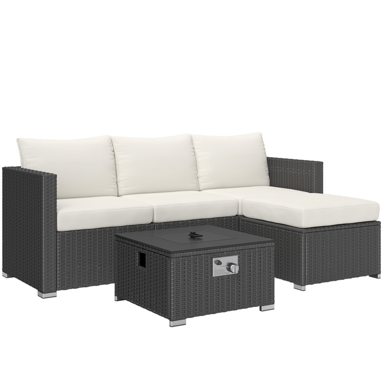 Outsunny 4 Seater Rattan Sofa Set with Footstool Thick Cushions Black Cream