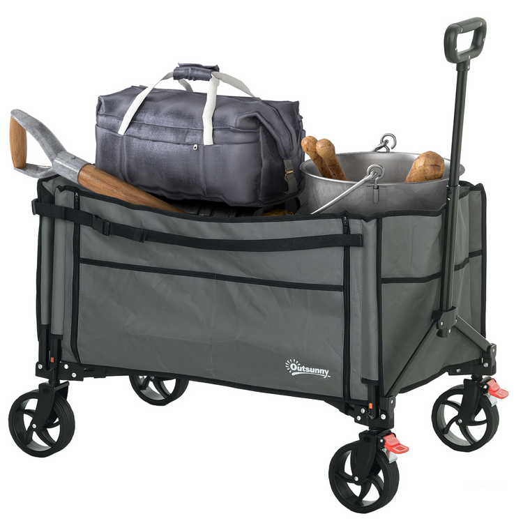 Outsunny Folding Trolley on Wheels, Garden Cart with Openable Sides - Grey