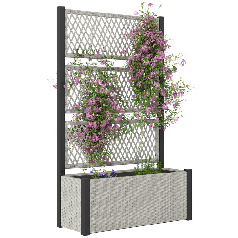 Outsunny Garden Planter Box with Trellis, Rattan Raised Bed - Mixed-grey