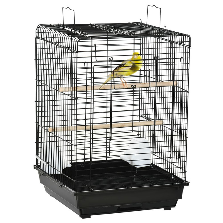 PawHut 59cm Bird Cage with Openable Top, Stand, Tray, Handles, Feeding Bowls - Black