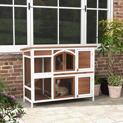 PawHut Two-Tier Wooden Rabbit Hutch w/ Openable Roof, Slide-Out Tray, Ramp - Brown