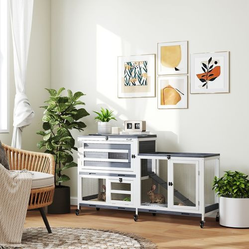 PawHut 2 Tier Rabbit Hutch with Run, Wheels, 2 Openable Top, 3 Plastic Trays