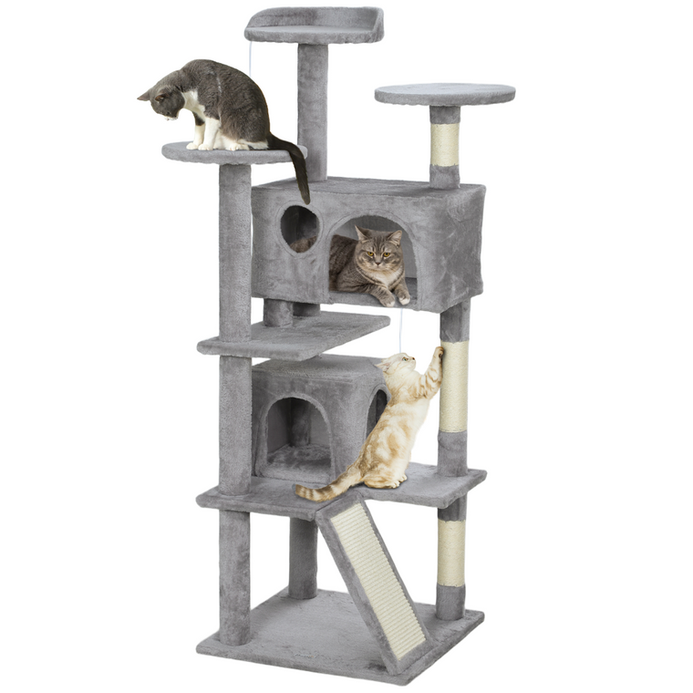 PawHut 138cm Cat Tree with Scratching Posts and Pad, Bed, Condos, Light Grey
