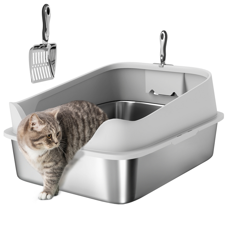 PawHut Stainless Steel Cat Litter Box with High Sides, 43 x 33 x 25 cm - 69.8L x 50.3W x 29.8H cm