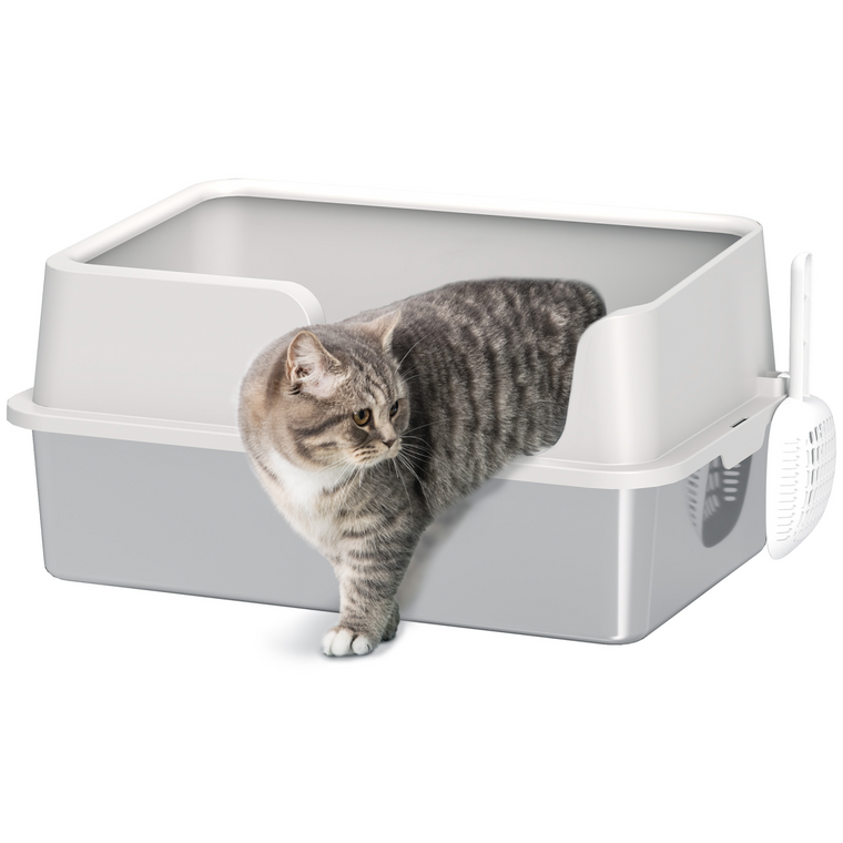 PawHut Stainless Steel Litter Box, High Sided Metal Cat Litter Tray w/ Scoop
