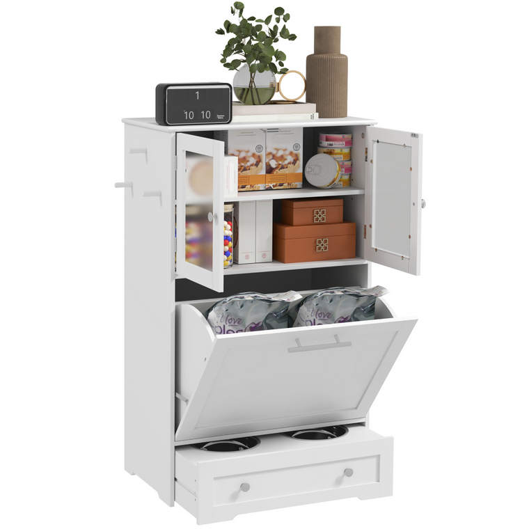 PawHut Dog Feeding Station with 2 Storage Cabinets, 2 Elevated Bowls, White