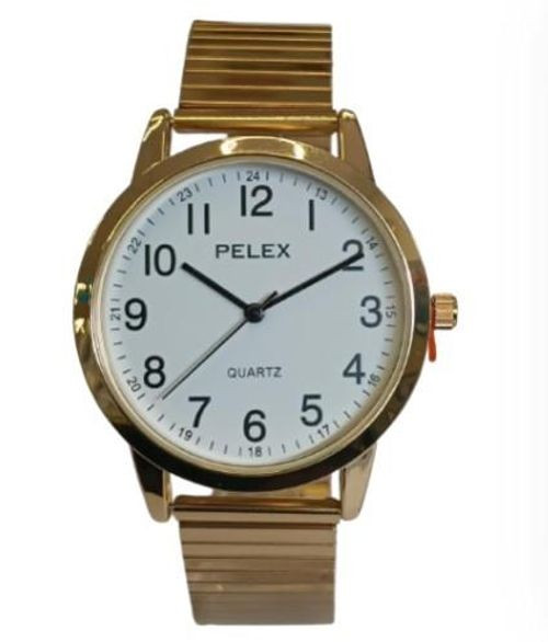 Pelex Mens Big number Gold Case White Dial Gold Bracelet Strap Quartz Watch