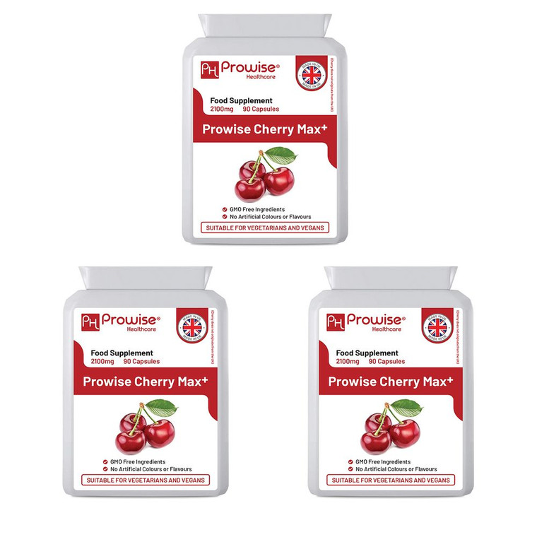 Cherry Max+ (Pack of 3) 2100mg Montmorency Cherry Added with Black Cherry I 90 Vegan Capsules High Strength I Made in The UK by Prowise Healthcare