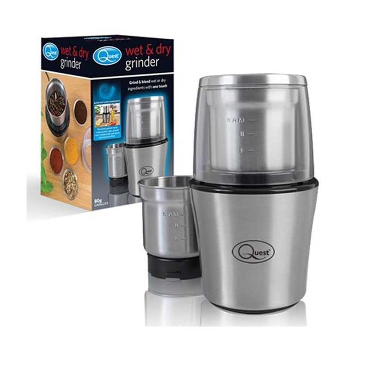 Quest Comp. SS Electric Grinder, 80g, 200W, 20x12x12cm. High-Quality, Versatile. 2 Cups Incl. Anti-Slip Feet. #1 Seller.