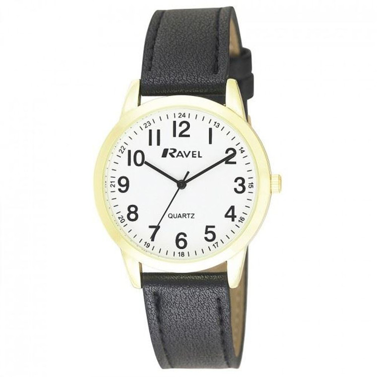 Ravel Men's Classic Leather Strap Watch R0132GC - Quality Quartz Movement, Easy Read Arabic Dial - Black/Gold 3