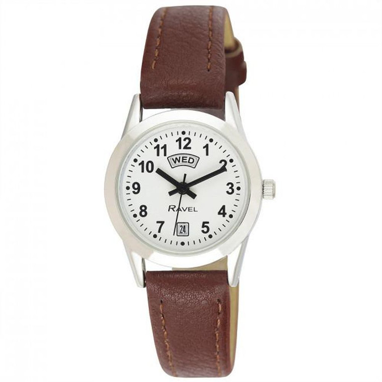 Ravel Womens Stainless Steel Day/Date Brown Faux Leather Strap Watch R0706.41.2