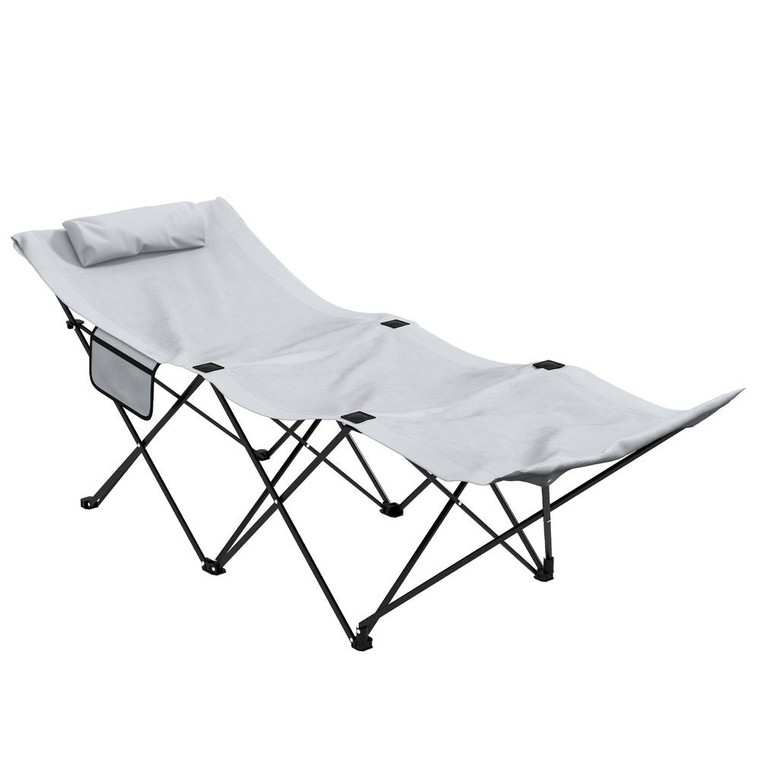 Outsunny Foldable Sun Lounger: Strong Steel Frame, Side Pocket, Oxford Headrest - Grey - Light Grey
