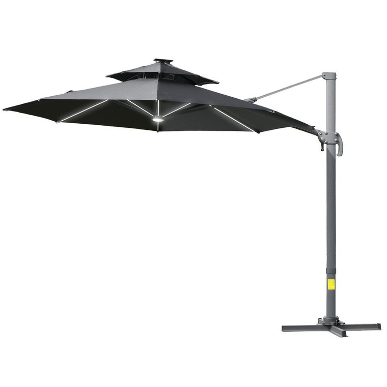 Innovative 3m Cantilever Parasol with Solar Lights Power Bank Garden Umbrella - Dark Grey