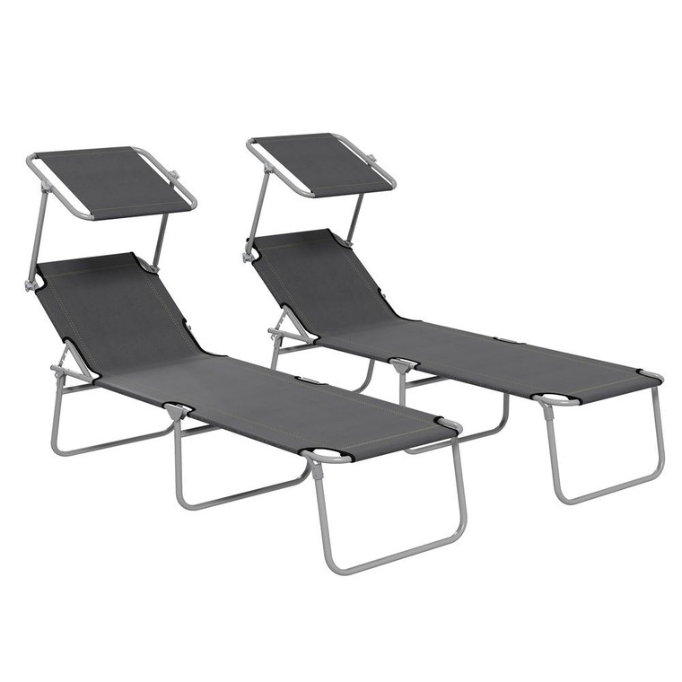 Folding Sun Lounger Set 2: Adjustable Backrest, Sunshade, Outsunny - Grey