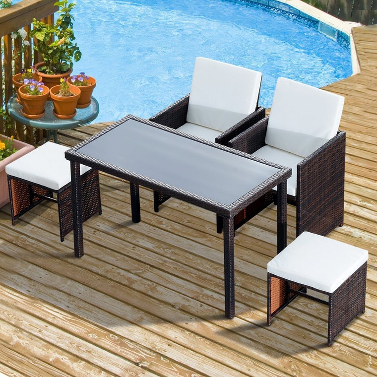 Compact 5 PC Rattan Garden Furniture Set: Wicker Weave, Sofa, Dining, Table, Chair, Footrest - Brown