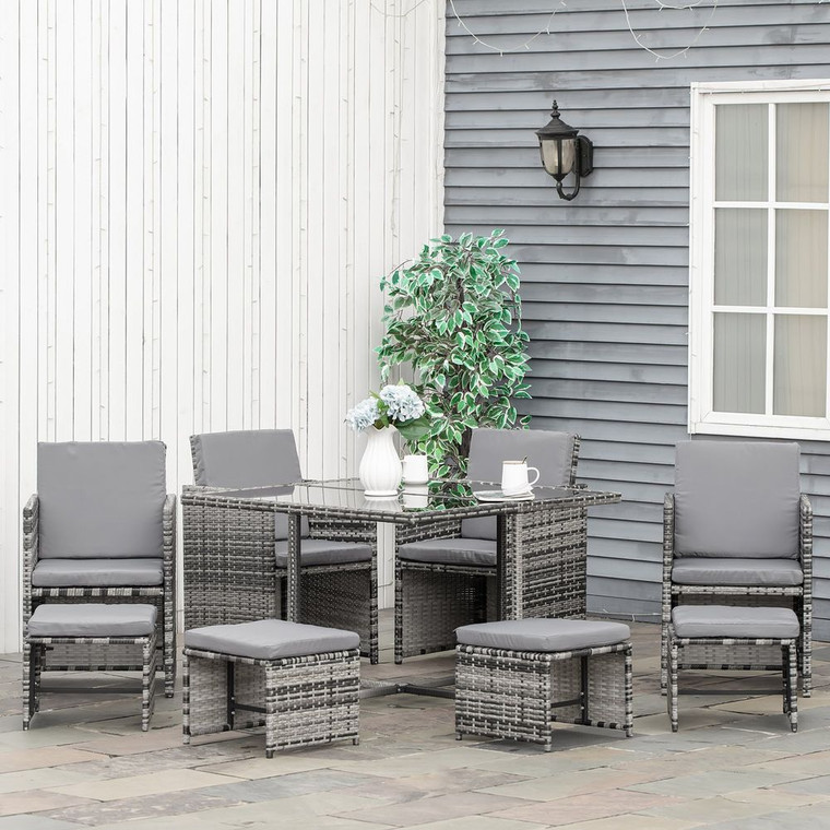 Premium 9PC Rattan Garden Furniture Set - Outdoor Patio Dining Table - Wicker 8 Seater - High Quality - Waterproof Cushions - Grey
