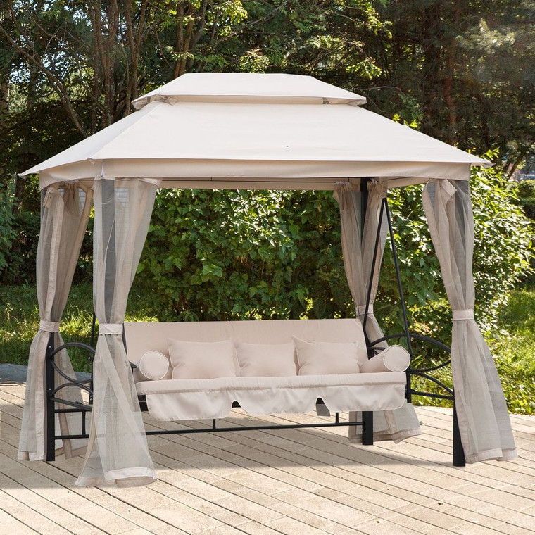 3 Seater Outdoor Swing Chair Bed with Nettings - Convertible & Comfortable! - Cream White