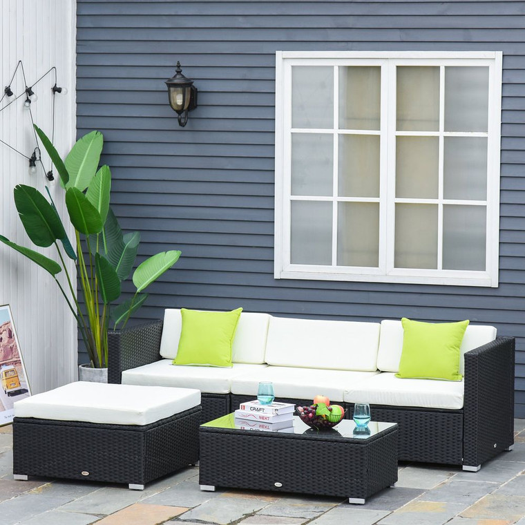 5PC Rattan Furniture Set - Wicker Sofa, Glass Table & Cushion Pillows - High-Quality Outdoor Patio Set - Black