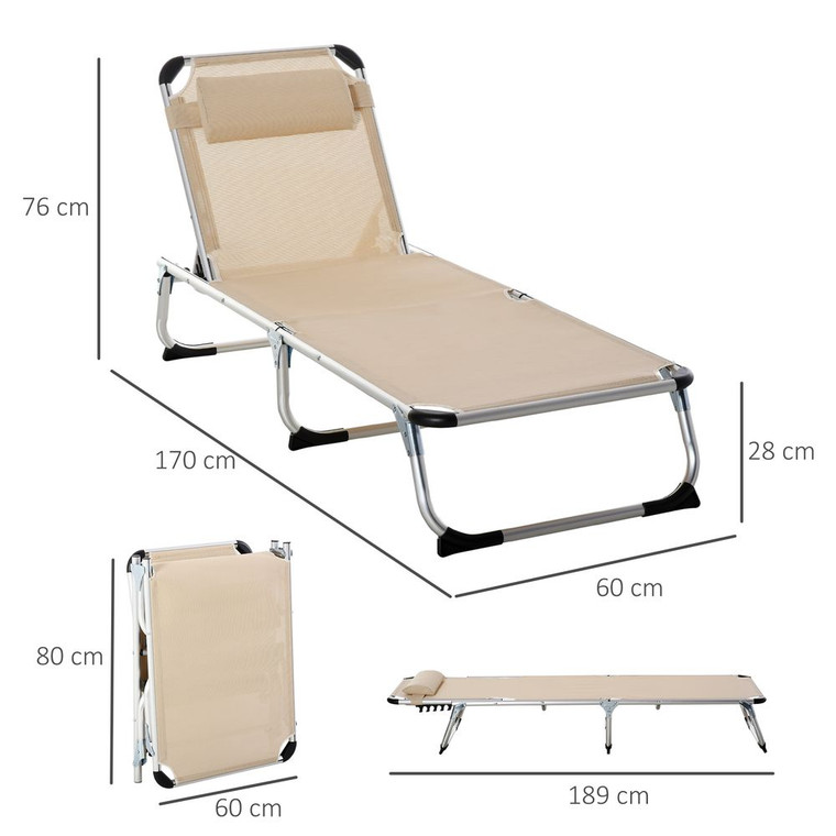 Foldable Reclining Sun Lounger Lounge Chair Camping Bed Cot with Pillow - Khaki
