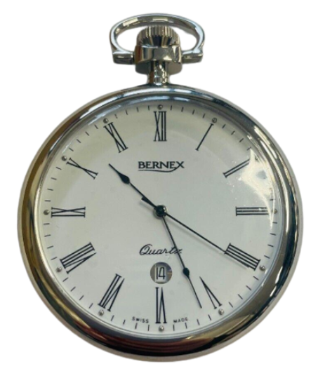 Bernex Swiss Made Roman Numeral Date Rhodium Plate Open Face Pocket Watch