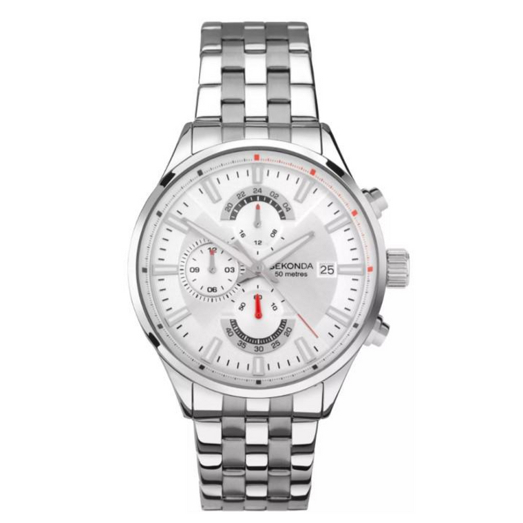Sekonda Mens Chronograph 44mm Date Silver-White Dial With Stainless Steel Silver Bracelet Watch 30109
