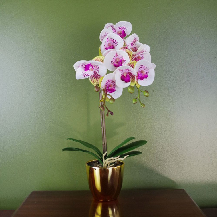 48cm Harlequin Orchid Artificial Pink/Gold Pot - Realistic & Elegant Faux Plant