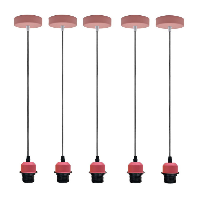5 Pack Industrial Pendant Light Fitting, Lampshade Addable E27 Lamp Holder Light, - without bulb / Pink