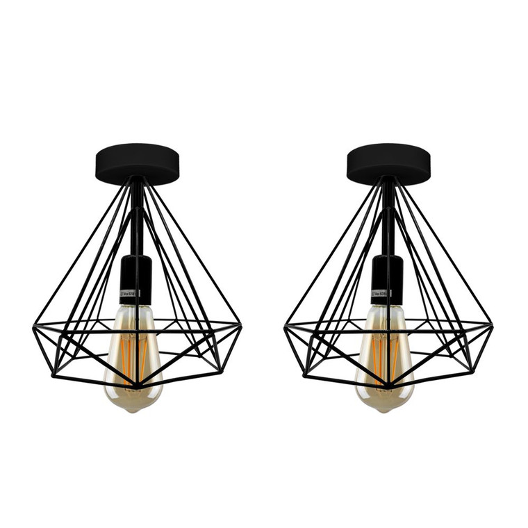 2 Pack Black Vintage Flush Mount Ceiling Light Fixture Metal Cage Ceiling Lampshade with E27 Holder - with bulb / Black