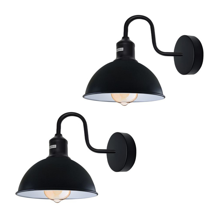Modern Industrial Swan Neck Metal Arm E27 Sconce Wall Light Set Fixture for Living Room Dining Room Kitchen. - with bulb / Black inner white