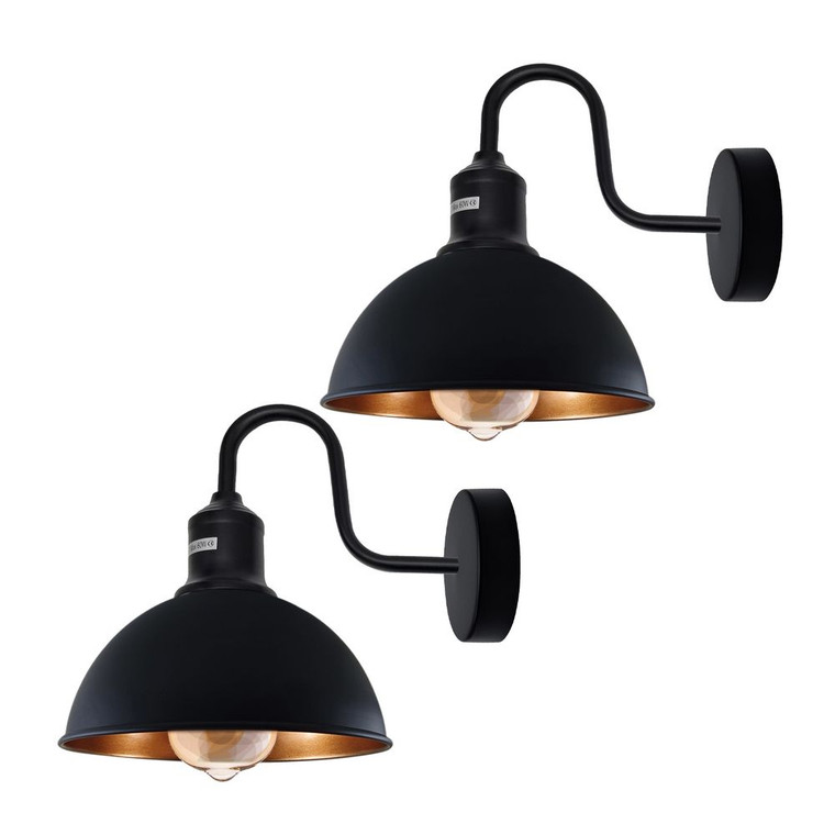 Modern Industrial Swan Neck Metal Arm E27 Sconce Wall Light Set Fixture for Living Room Dining Room Kitchen. - with bulb / Black inner gold