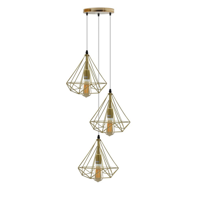 Gold Vintage Industrial E27 Ceiling Hanging Light Cage Shade Loft Style Metal Ceiling Pendant Lamp - 3 x with bulb / Gold