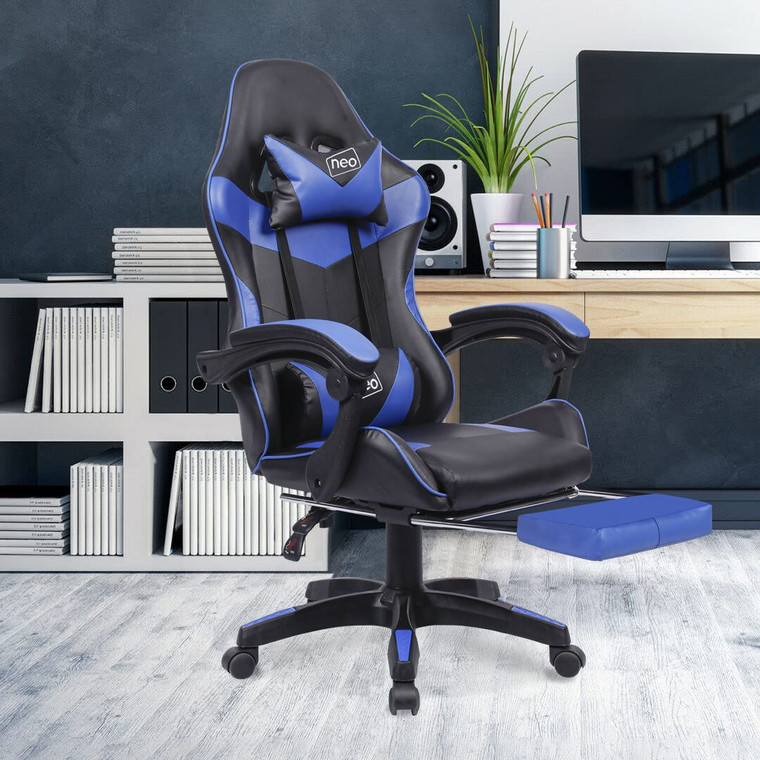 Leather Recliner Computer Gaming Office Chair With Footrest - BLUE