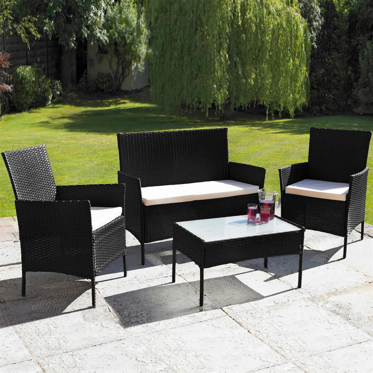 4 Piece Rattan Outdoor Furniture Garden Sofa Set - BLACK