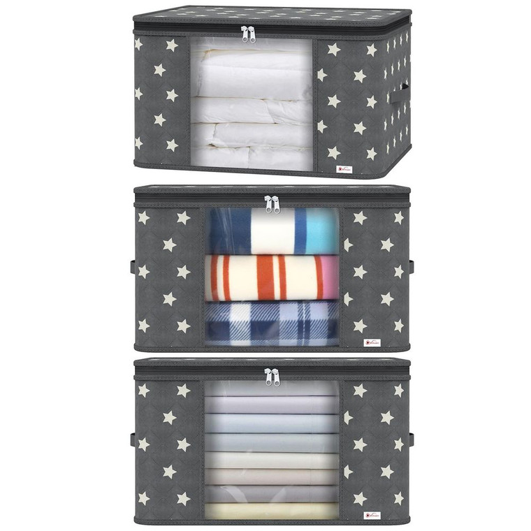 VINSANI 3pc DELUXE STORAGE BAGS - Enormous Capacity, Premium Material, Clear Window, Strengthened Design, Multifunctional - Grey Star