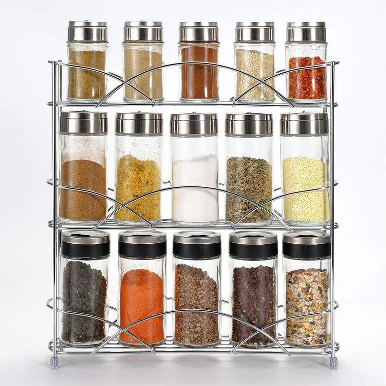 VINSANI FREE STANDING SPICE RACKS: Stylish, 3-tier design, store up to 18 spices, space-saving, high-quality iron wire - Silver