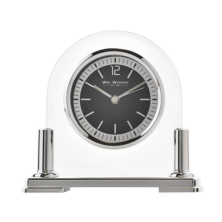 Wm.Widdop Glass Mantel Clock Silver Bezel & Stand