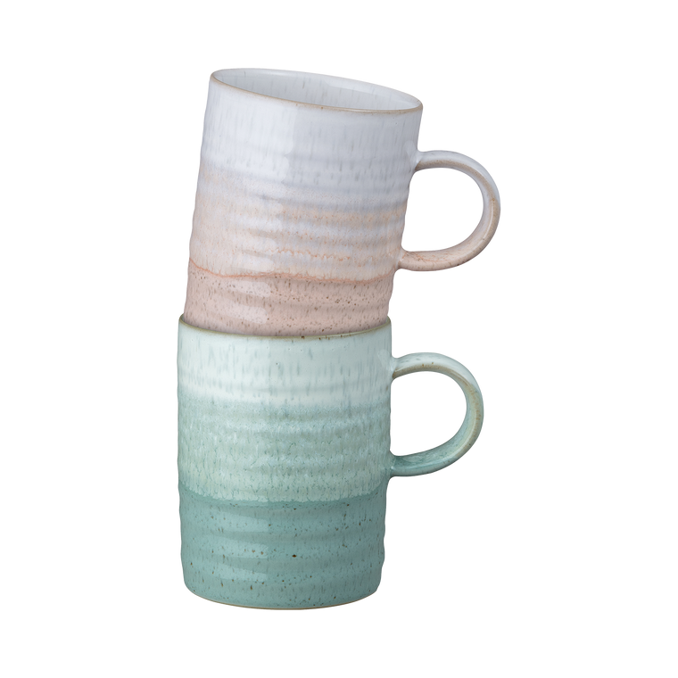 Denby Kiln Green And Coral Ridged Mugs Set Of 2