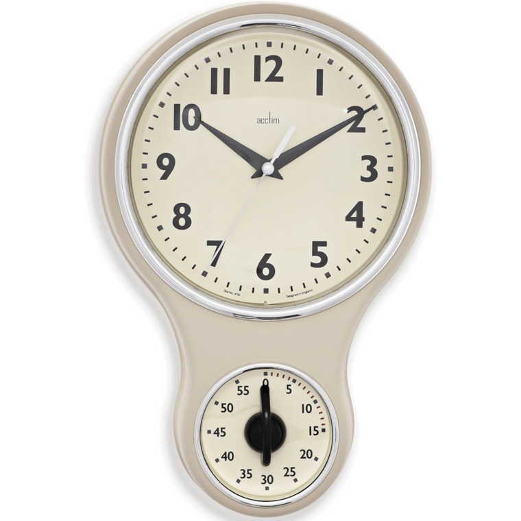 Acctim Kitchen Time 20cm Timer Quartz Retro Style Domed Glass Lens Cream Wall Clock 21592