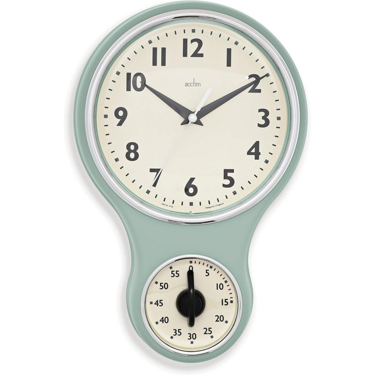 Acctim Kitchen Time 20cm Timer Quartz Retro Style Domed Glass Lens Sage Wall Clock 21598