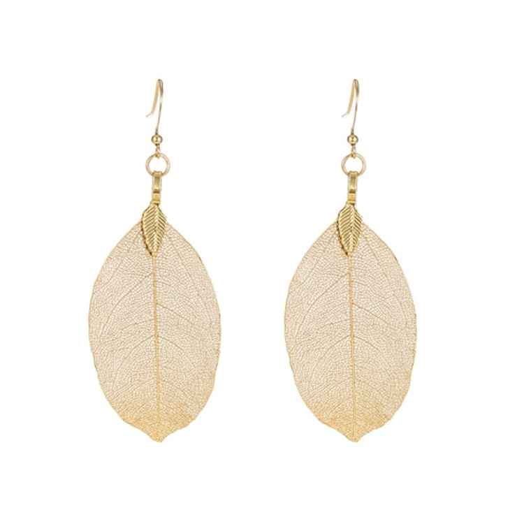 Ladies Gold Plated Real Leaf Earrings