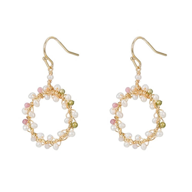 Ladies Circular Colourful Stoned Pearl Earrings in Gold Plated