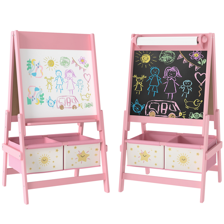 AIYAPLAY Kids Easel, Double-Sided Art Easel with Paper Roll - Pink
