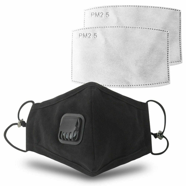 Premium Anti-Pollution Cotton Mask with Valve & Replaceable Filter - Black [1x Mask+2 Filters]