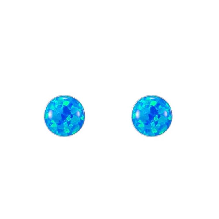 Ladies Thin Framed Round Opal Stud Earrings in Sterling Silver