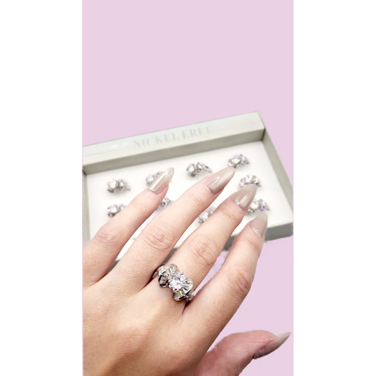 Luxe Bow Crystal Ring Silver Box set of 12