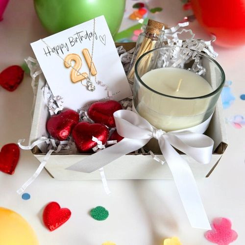 Small 21st Birthday Gold Balloons Gift Hamper - Cubic Zirconia Charm Necklace, Chocolates & Candle