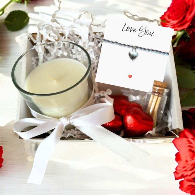 Small Love You Gift Hamper - Silver Heart Bracelet, Chocolates & Candle