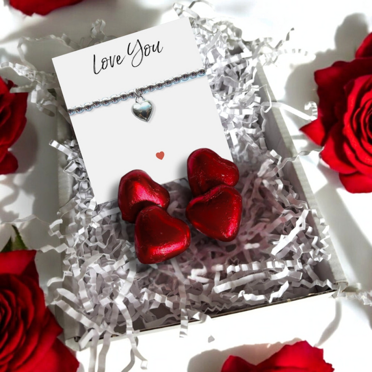Puff Heart Silver Beaded Bracelet & Love You Mini Gift Hamper