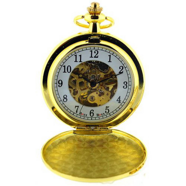 Boxx Mens Gold Tone Skeleton Mechanical Pocket Watch 12 Inch Chain M5084.02